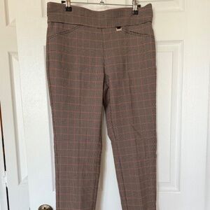 Houndstooth print, gray, tan, stretch pants